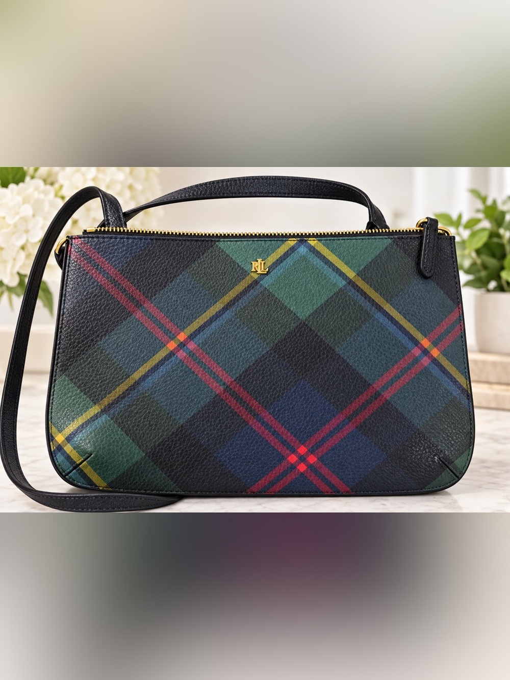 Ralph Lauren Green Tartan Plaid Messenger Bag with Navy & Red Accents